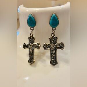 Turquoise and Silver Cross Dangle Earrings